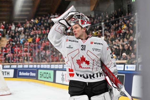 DAVOS, SWITZERLAND - DECEMBER 29: goalkeeper Connor Hughes of Team Canada focus during the Spengler Cup Davos match between HC Sparta Praha v Team Canada at Zondacrypto-Arena on December 29, 2025 in Davos, Switzerland. Davos Graubunden Switzerland Copyright: xJustPictures.ch AndreaxBrancax jp-en-EuSpIm-AB_29122025_AAB_5220
