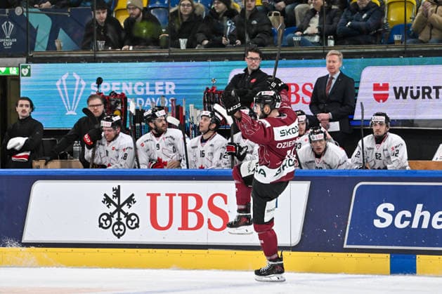 DAVOS, SWITZERLAND - DECEMBER 29: Martins Dzierkals of Sparta Praha celebrate his goal during the Spengler Cup Davos match between HC Sparta Praha v Team Canada at Zondacrypto-Arena on December 29, 2025 in Davos, Switzerland. Davos Graubunden Switzerland Copyright: xJustPictures.ch AndreaxBrancax jp-en-EuSpIm-AB_29122025_AAB_4942
