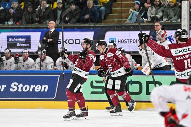 DAVOS, SWITZERLAND - DECEMBER 29: Martins Dzierkals of Sparta Praha celebrate his goal during the Spengler Cup Davos match between HC Sparta Praha v Team Canada at Zondacrypto-Arena on December 29, 2025 in Davos, Switzerland. Davos Graubunden Switzerland Copyright: xJustPictures.ch AndreaxBrancax jp-en-EuSpIm-AB_29122025_AAB_5481