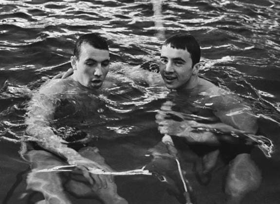 Leningrad, USSR. Participants of the 100-metre freestyle final, Leonid Ilyichev, who placed first, and Georgy Kulikov, who placed second, (L-R) are pictured after the finish at the All-Union swimming competitions for the prizes of the newspaper Komsomolskaya Pravda. Nikolai Naumenkov TASS  31982976