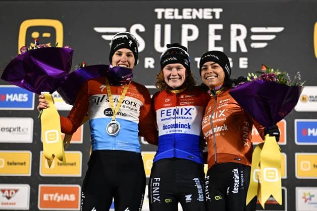 Luxembourgian Marie Schreiber, Dutch Puck Pieterse and Dutch Ceylin Del Carmen Alvarado pictured on the podium after the women elite race of Diegem Cross cyclocross cycling event, Tuesday 30 December 2025 in Diegem, stage 6 8 in the Superprestige cyclocross cycling competition. JASPERxJACOBS  x152419422x