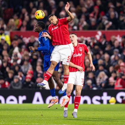 30th December 2025; The City Ground, Nottingham, England; Premier League Football, Nottingham Forest versus Everton; Murillo of Nottingham Forest competes with Thierno Barry of Everton FC in the air  GodfreyxPitt