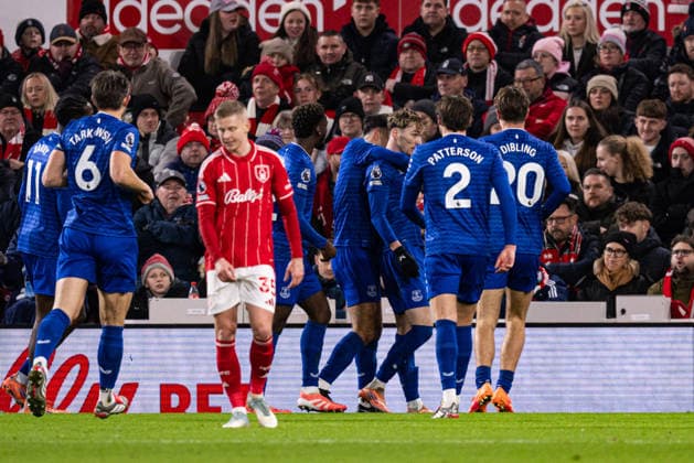 30th December 2025; The City Ground, Nottingham, England; Premier League Football, Nottingham Forest versus Everton; James Garner of Everton FC celebrates with his team after scoring in the 19th minute to make the score 0-1  GodfreyxPitt