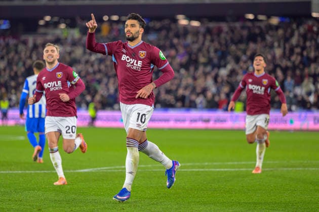 Lucas Paquetá (10 West Ham United) celebrating scoring the team s second goal during the Premier League game between West Ham United vs Brighton & Hove Albion at London Stadium in London, England. (Photo by Keeran Marquis Sports Press Photo SPP) Copyright: xKeeranxMarquis SPPx Sportspressphoto_SPR77809