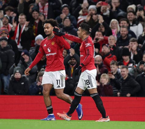 30th December 2025; Old Trafford, Manchester, England; Premier League Football, Manchester United, ManU versus Wolverhampton Wanderers; Joshua Zirkzee of Manchester United is congratulated by Casemiro after scoring in the 27th minute for 1-0  RogerxEvans