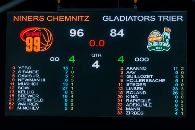 30.12.2025, xomx, Basketball easyCredit BBL Bundesliga, NINERS Chemnitz - VET-Concept Gladiators Trier v.l. Endstand: 96:84. Die Anzeigetafel. Symbolbild. Chemnitz