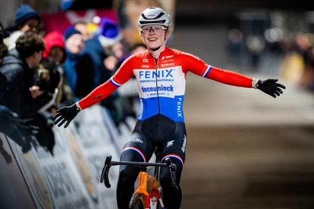 Dutch Puck Pieterse celebrates as she crosses the finish line at the women elite race of Diegem Cross cyclocross cycling event, Tuesday 30 December 2025 in Diegem, stage 6 8 in the Superprestige cyclocross cycling competition. JASPERxJACOBS  x152455568x