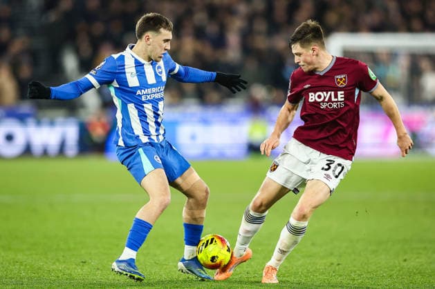 30th December 2025; London Stadium, London, England; Premier League Football, West Ham United versus Brighton and Hove Albion; Ollie Scarles of West Ham United tackles Brajan Gruda of Brighton And Hove Albion  IanxStephen