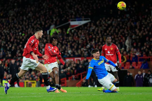 Manchester United, ManU v Wolverhampton Wanderers, Premier League Patrick Dorgu (13) of Manchester United has a shot on goal during the Premier League match between Manchester United and Wolverhampton Wanderers at Old Trafford, Manchester, UK on 30 December 2025. Manchester Old Trafford Greater Manchester UK Editorial use only DataCo restrictions apply See www.football-dataco.com , Copyright: xConorxMolloyx PSI-23486-0087
