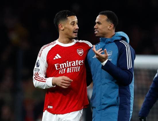 Arsenal centre backs William Saliba and Gabriel celebrate together at full time Arsenal v Aston Villa, Football, Premier League, Emirates Stadium, London, UK - 30 12 2025 EDITORIAL USE ONLY No use with unauthorised audio, video, data, fixture lists (outside the EU), club league logos or live services. Online in-match use limited to 45 images (+15 in extra time). No use to emulate moving images. No use in betting, games or Copyright: xMattxImpey Shutterstockx 16218191ay