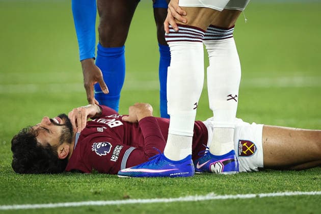 30th December 2025; London Stadium, London, England; Premier League Football, West Ham United versus Brighton and Hove Albion; Lucas Paqueta of West Ham United on the ground following a challenge  IanxStephen