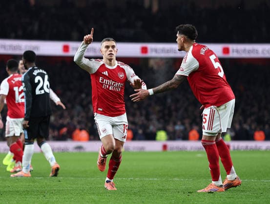 London, England, 30th December 2025. Leandro Trossard of Arsenal celebrates scoring his sides third goal during the Arsenal vs Aston Villa Premier League match at the Emirates Stadium, London. Picture credit should read: David Klein Sportimage EDITORIAL USE ONLY. No use with unauthorised audio, video, data, fixture lists, club league logos or live services. Online in-match use limited to 120 images, no video emulation. No use in betting, games or single club league player publications. SPI_DK_037_Arsenal_Villa SPI-4405-0037