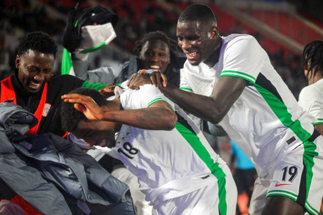 FES, MOROCCO - DECEMBER 30: Raphael Onyedika, Paul Onuachu Wilfred Ndidi and Calvin Bassey of Nigeria during the Africa Cup of Nations (AFCON) match between Uganda and Nigeria on December 30th, 2025 at Complexe Sportif De Stade, Fes, Morocco. Photo by Segun Ogunfeyitimi Copyright: xshengolpixsx