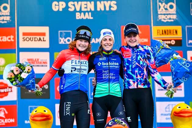 X2O Badkamers Trofee 2025-2026 Baal BAAL, BELGIUM - JANUARY 01 : Pieterse Puck (NED) of Fenix - Deceuninck, Backstedt Zoe (GBR) of Canyon - Sram Racing, Brand Lucinda (NED) of Baloise Glowi Lions on the podium during the 6th leg of the GP Sven Nys X2O Badkamers Trofee 2025-2026 a cyclocross race for Men Elite on January 1, 2026 in Baal, Belgium, 01 01 2026 ( Baal Belgium  Copyright: xGvgx
