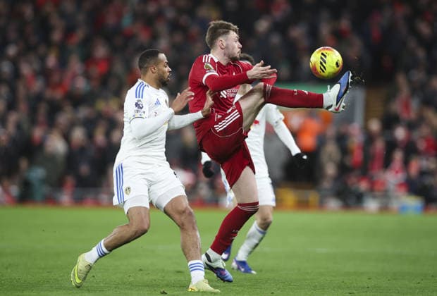 Liverpool v Leeds United, FA Premier League 01.01.26 Liverpool v Leeds United, FA Premier League Bradley Ormesher The Times Conor Bradley of Liverpool and Lukas Nmecha of Leeds United  Copyright: xBradleyxOrmesherx NINTCHDBPICT001048891878
