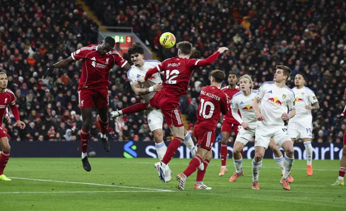 Liverpool v Leeds United, FA Premier League 01.01.26 Liverpool v Leeds United, FA Premier League Bradley Ormesher The Times Ibrahima Konaté of Liverpool heads clear from  Copyright: xBradleyxOrmesherx NINTCHDBPICT001048892518