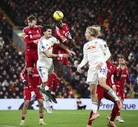 Liverpool v Leeds United, FA Premier League 01.01.26 Liverpool v Leeds United, FA Premier League Bradley Ormesher The Times Ibrahima Konaté of Liverpool heads clear from from Pascal Struijk of Leeds United  Copyright: xBradleyxOrmesherx NINTCHDBPICT001048892688