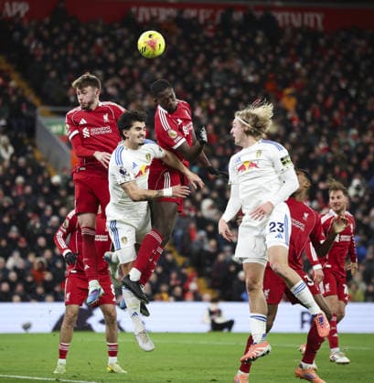 Liverpool v Leeds United, FA Premier League 01.01.26 Liverpool v Leeds United, FA Premier League Bradley Ormesher The Times Ibrahima Konaté of Liverpool heads clear from from Pascal Struijk of Leeds United  Copyright: xBradleyxOrmesherx NINTCHDBPICT001048892697