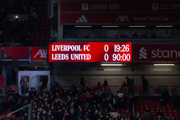 Football - FA Premier League - Liverpool FC v Leeds United FC LIVERPOOL, ENGLAND - New Year s Day, Thursday, January 1, 2026: The scoreboard showing Liverpool 0-0 Leeds United after the FA Premier League match between Liverpool FC and Leeds United FC at Anfield. (Photo by David Rawcliffe Propaganda) LIVERPOOL Anfield MERSEYSIDE ENGLAND  Copyright: xDavidxRawcliffex P2026-01-01-Liverpool_Leeds-67