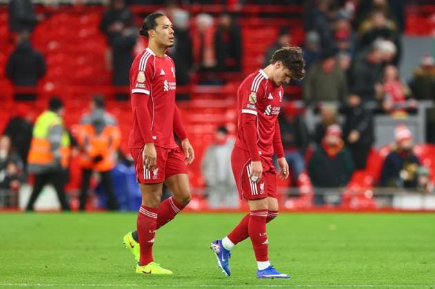 Milos Kerkez of Liverpool and Virgil van Dijk look dejected at the end of the match Liverpool v Leeds United, Premier League, Football, Anfield, Liverpool, UK - 01 Jan 2026Liverpool Anfield United Kingdom EDITORIAL USE ONLY No use with unauthorised audio, video, data, fixture lists, club league logos or live services. Online in-match use limited to 120 images, no video emulation. No use in betting, games or single club league player publications. Copyright: xPaulxCurrie Shutterstockx 16216359cm