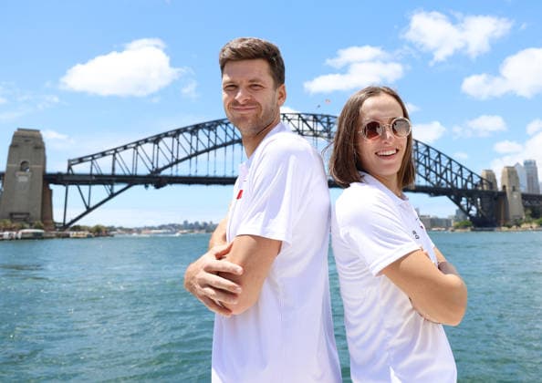January 2, 2026, Sydney, New South Wales, Australia: Polish tennis players IGA SWIATEK and HUBERT HURKACZ during photo session on the boat in Sydney Harbour Bridge before tennis tournament United Cup, Sydney, Australia. Sydney Australia - ZUMAc278 20260102_zsp_c278_008 Copyright: xMarcinxCholewinskix