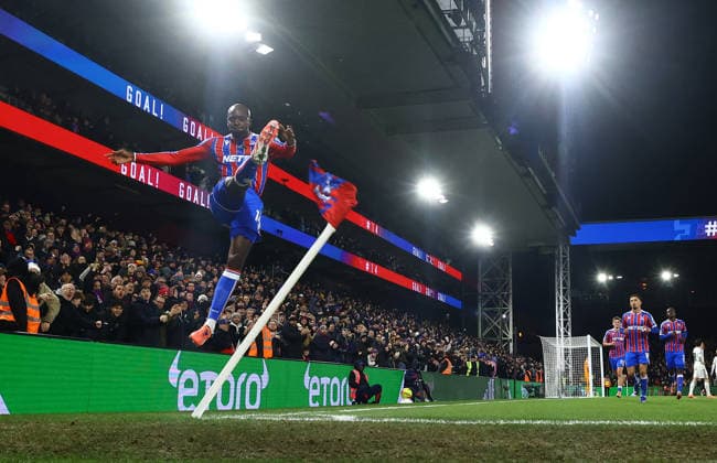 London, England, 1st January 2026. Jean Philippe Mateta of Crystal Palace celebrates scoring his sides opening goal during the Crystal Palace vs Fulham Premier League match at Selhurst Park, London. Picture credit should read: David Klein Sportimage EDITORIAL USE ONLY. No use with unauthorised audio, video, data, fixture lists, club league logos or live services. Online in-match use limited to 120 images, no video emulation. No use in betting, games or single club league player publications. SPI_DK_102_Palace_Fulham SPI-4423-0102