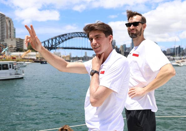 January 2, 2026, Sydney, New South Wales, Australia: Members of polish national tennis team MATEUSZ TERCZYNSKI and JAKUB PITER during photo session on the boat in Sydney Harbour Bridge before tennis tournament United Cup, Sydney, Australia. Sydney Australia - ZUMAc278 20260102_zsp_c278_023 Copyright: xMarcinxCholewinskix