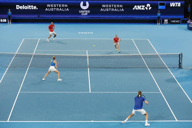 TENNIS UNITED CUP PERTH, Yasutaka Uchiyama and Nao Hibino of Japan in action against Stefanos Tsitsipas and Maria Sakkari of Greece during the United Cup day one doubles match between Greece and Japan at RAC Arena in Perth, Friday, January 2, 2026. ( NO ARCHIVING, EDITORIAL USE ONLY PERTH WESTERN AUSTRALIA AUSTRALIA  Copyright: xRICHARDxWAINWRIGHTx 20260103118357760890