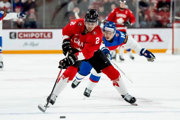 January 2, 2026, Minneapolis, Mn, USA: Canada s Kashawn Aitcheson (2) and Slovakia s Andreas Straka (15) battle for the puck during first period IIHF World Junior Championship quarterfinal hockey action, in Minneapolis, Minn., on Friday, January 2, 2026. Canada News - January 2, 2026 - ZUMAc35_ 20260102_zaf_c35_010 Copyright: xChristopherxKatsarovx