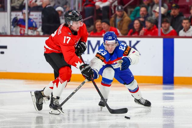 January 2, 2026, Minneapolis, Minnesota, United States: Slovakia forward JAKUB DUBRAVIK (23) attempts to steal the puck from Canada forward JETT LUCHANKO (17). Canada and Slovakia faced off in the quarterfinal round of the IIHF World Junior Championship on January 2nd. Canada was victorious 7-1. Minneapolis United States - ZUMAt166 20260102_zsp_t166_070 Copyright: xMichaelxTurnerx