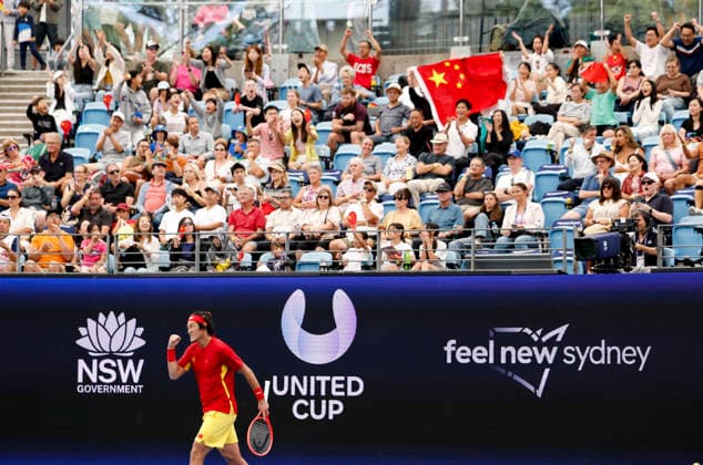 (260103) -- SYNDEY, Jan. 3, 2026 -- Zhang Zhizhen of China celebrates during the men s singles match against Zizou Bergs of Belgium in the Group B round robin match between China and Belgium at the 2026 United Cup tennis tournament in Sydney, Australia, Jan. 3, 2026. ) (SP)AUSTRALIA-SYNDEY-TENNIS-UNITED CUP-CHN VS BEL MaxPing 