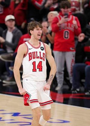 (260103) -- CHICAGO, Jan. 3, 2026 -- Chicago Bulls Matas Buzelis celebrates during NBA, Basketball Herren, USA regular season basketball game between Orlando Magic and Chicago Bulls in Chicago, the United states, Jan. 2, 2026. (Photo by Xinhua) (SP)U.S.-CHICAGO-BASKETBALL-NBA-BULLS VS MAGIC JoelxLerner 