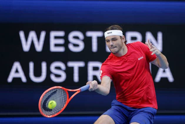 TENNIS UNITED CUP PERTH, Taylor Fritz of the USA in action against Sebastian Baez of Argentina during the United Cup day two match between the USA and Argentina at RAC Arena in Perth, Saturday, January 3, 2026. ( NO ARCHIVING, EDITORIAL USE ONLY PERTH WESTERN AUSTRALIA AUSTRALIA  Copyright: xRICHARDxWAINWRIGHTx 20260103163599848574