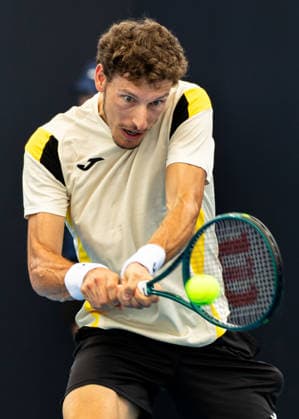 January 3, 2026, Brisbane, Qld, Australia: PABLO CARRENO BUSTA of Spain plays a backhand during his MenÃ¢â‚¬â ¢s Singles qualifying round match against MATTIA BELLUCCI of Italy at the Brisbane International. Brisbane Australia - ZUMAt173 20260103_zsp_t173_007 Copyright: xStephanexThomasx