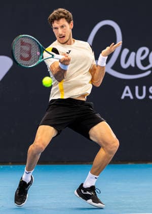 January 3, 2026, Brisbane, Qld, Australia: PABLO CARRENO BUSTA of Spain plays a forehand during his MenÃ¢â‚¬â ¢s Singles qualifying round match against MATTIA BELLUCCI of Italy at the Brisbane International. Brisbane Australia - ZUMAt173 20260103_zsp_t173_016 Copyright: xStephanexThomasx