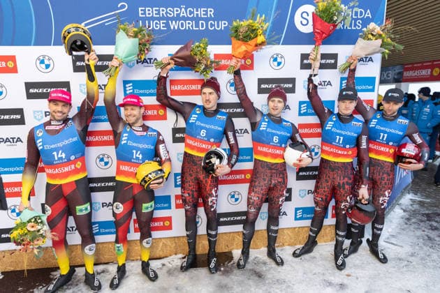 picture: Tobias Wendl, Tobias Arlt (GER), Eduards Sevics-Mikelsevics, Lukass Krasts (LAT), Martins Bots, Roberts Plume (LAT) 03.01.2026 luge 4. FIL Eberspächer Luge World Cup, Sigulda, Latvia (LAT) Men™s Doubles photographer: FIL Michael Kristen *** picture Tobias Wendl, Tobias Arlt GER , Eduards Sevics Mikelsevics, Lukass Krasts LAT , Martins Bots, Roberts Plume LAT 03 01 2026 luge 4 FIL Eberspächer Luge World Cup, Sigulda, Latvia LAT Men™s Doubles photographer FIL Michael Kristen