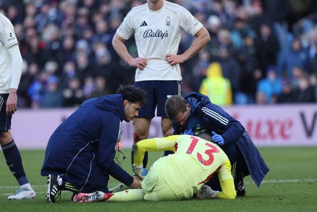 John Victor (NF) injured at the Aston Villa v Nottingham Forest EPL match, at Villa Park, Birmingham, UK on 3rd January, 2026. 