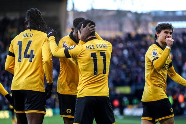 Players celebrate after Jhon Arias (10 Wolves) scores the first goal during the Premier League football match between Wolverhampton Wanderers and West Ham United at Molineux stadium in Wolverhampton, England Copyright: xNataliexMincher SPPx Sportspressphoto_SPR78353