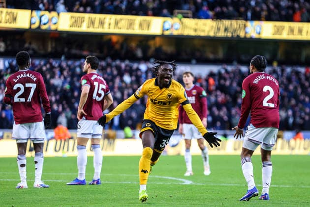 Mateus Mane (36 Wolves) celebrates scoring the third Wolves goal during the Premier League football match between Wolverhampton Wanderers and West Ham United at Molineux stadium in Wolverhampton, England Copyright: xNataliexMincher SPPx Sportspressphoto_SPR78355