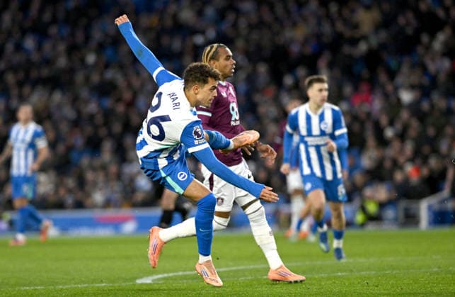 Yasin Ayari of Brighton fires in their second goal early in the second half during the Premier League match between Brighton and Hove Albion and Burnley at the American Express Stadium , Brighton , UK - 3rd January 2026 Brighton vs Burnley Premier League Football, Amex Stadium, Sussex, UK - 03 Jan 2026Brighton Amex Stadium Sussex United Kingdom Editorial use only. No merchandising. For Football images FA and Premier League restrictions apply inc. no internet mobile usage without FAPL license - for details contact Football Dataco  Copyright: xSimonxDack TPI Shutterstockx 16222248ah
