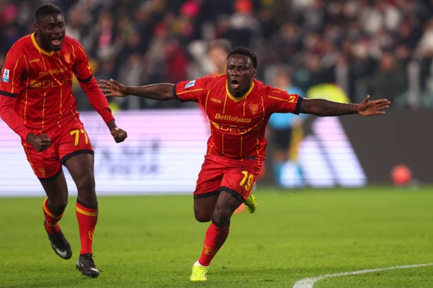 Lameck Banda (Us Lecce) celebrates after scoring his team s first goal, Serie A, Juventus FC v US Lecce , Allianz Stadium, January 3, 2026, Turin, Italy.