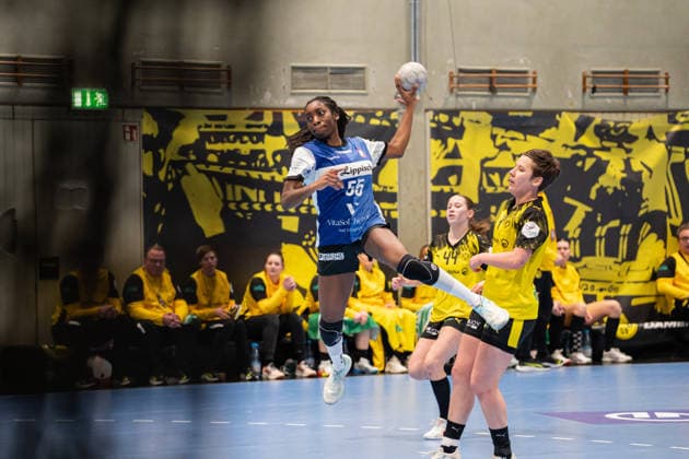 Borussia Dortmund (GER) vs. HSG Blomberg-Lippe (GER), Handball, 1. Handball Bundesliga Frauen, 11. Spieltag, 3.1.2026, Saision 2025 2026, Dortmund Farrelle Njinkeu (HSG Blomberg-Lippe, 55) im Torwurf Dortmund Sporthalle Wellinghofen Deutschland