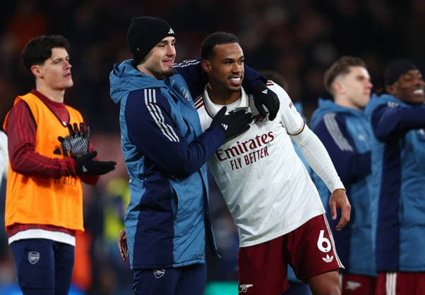 Bournemouth, England, 3rd January 2026. Gabriel (R) of Arsenal celebrates after after the AFC Bournemouth vs Arsenal Premier League match at the Vitality Stadium, Bournemouth. Picture credit should read: Paul Terry Sportimage EDITORIAL USE ONLY. No use with unauthorised audio, video, data, fixture lists, club league logos or live services. Online in-match use limited to 120 images, no video emulation. No use in betting, games or single club league player publications. SPI_060_PT_Bournemouth_Arsenal SPI-4428-0061
