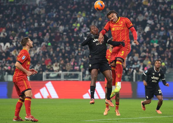Turin, Italy, 3rd January 2026. Ylber Ramadani of US Lecce looks on as team mate Corrie Ndaba heads clear from Jonathan David of Juventus during the Juventus vs Lecce Serie A match at Allianz Stadium, Turin. Picture credit should read: Jonathan Moscrop Sportimage EDITORIAL USE ONLY. No use with unauthorised audio, video, data, fixture lists, club league logos or live services. Online in-match use limited to 120 images, no video emulation. No use in betting, games or single club league player publications. SPI_059_JM_JUVE_LECCE SPI-4406-0059