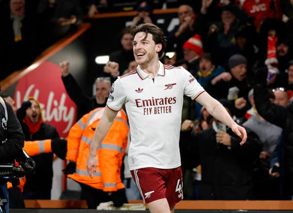 3rd January 2026, Bournemouth, Dorset, England; Premier League Football, AFC Bournemouth versus Arsenal; Declan Rice of Arsenal celebrates his goal after scored for 3-1 in the 54th minutes  HongboxChen