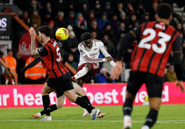 3rd January 2026, Bournemouth, Dorset, England; Premier League Football, AFC Bournemouth versus Arsenal; Bukayo Saka of Arsenal shoots at goal but saved by Bournemouth goal keeper Djordje Petrovic  HongboxChen