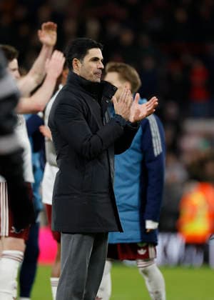 3rd January 2026, Bournemouth, Dorset, England; Premier League Football, AFC Bournemouth versus Arsenal; Arsenal manager Mikel Arteta shows appreciation to travelling fans after the match  HongboxChen
