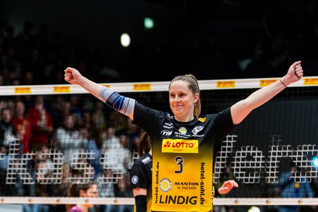 03.01.2026, GER, Volleyball, Frauen, 1.BL, Hauptrunde, Saison 25 26, VfB 91 Suhl Lotto Thueringen - Schwarz-Weiss Erfurt Lara Nagels (VfB 91 Suhl Lotto Thueringen) beim Jubel 99817 Eisenach Werner-Assmann-Halle Am Sportp Thüringen Deutschland