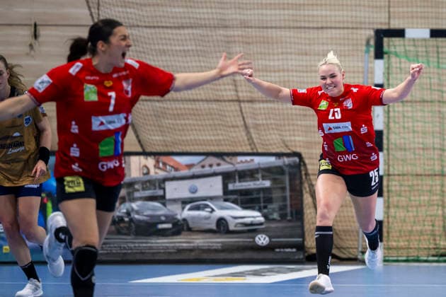 Handball Bundesliga Frauen, Saison 2025 2026 SV Union Halle-Neustadt vs.Buxtehuder SV Halle, Deutschland 03.Januar 2026: Im Bild:Lilli Röpke Roepke (Halle) Jubel, Freude, Emotion, Torjubel, Torschuetze, Torschütze, Halle Saale SWH Arena Sachsen-Anhalt Deutschland