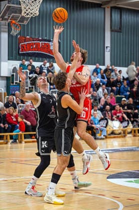 03.01.2026, xovx, Basketball 1. Regionalliga Südwest, Lich Basketball - TSG Söflingen v.l. Marko Markovic (TSG Söflingen), Julijo Kendes (TSG Söflingen), Gregor Gümbel (Lich Basketball) Lich Dietrich-Bonhoeffer-Halle Hessen Deutschland (DE)